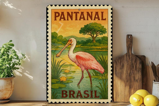 A vintage-style stamp depicting a pink flamingo standing in a pond, with the text "PANTANAL BRASIL" on it. The stamp is displayed on a shelf next to a wooden cutting board and a potted plant.