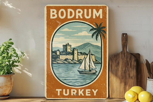 a vintage-style sign for Bodrum, Turkey, with a sailboat and a castle in the background.