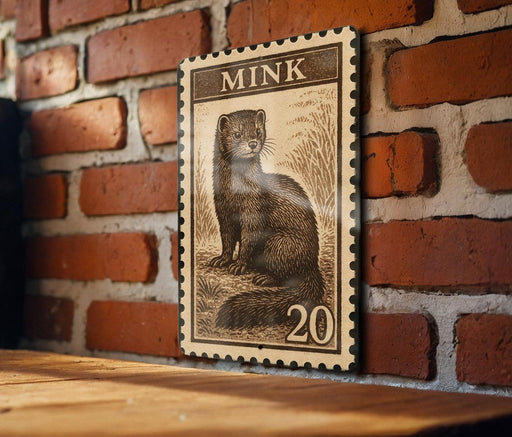 A wooden surface with a framed image of a brown animal, likely a ferret, on it. The frame has a border and the word "MINK" is written on it.