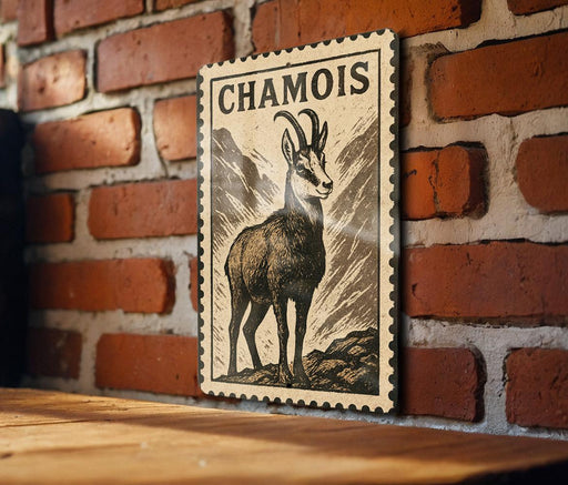 a wooden table with a framed print of a chamois, a mountain goat, mounted on a brick wall.