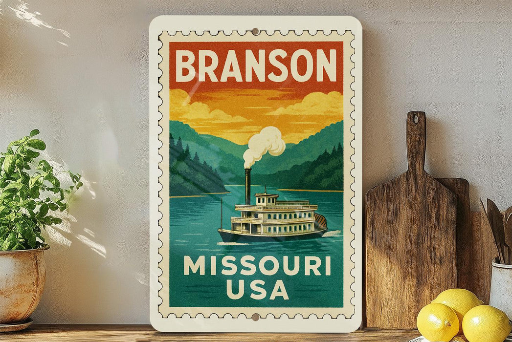 A vintage-style metal sign with the text "BRANSON MISSOURI USA" and an illustration of a steamboat on a river, mounted on a wall next to a wooden cutting board and a potted plant.