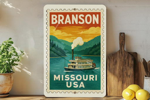 A vintage-style metal sign with the text "BRANSON MISSOURI USA" and an illustration of a steamboat on a river, mounted on a wall next to a wooden cutting board and a potted plant.