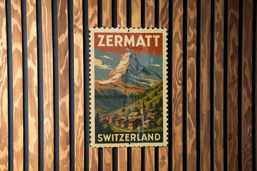 A vintage-style poster of the Matterhorn mountain in Switzerland, featuring a colorful illustration of the mountain and a small village in the foreground.