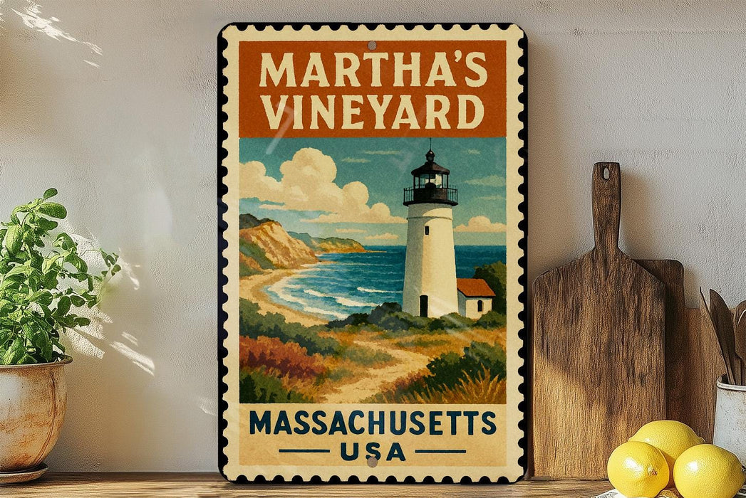 A vintage-style metal sign for Martha's Vineyard, Massachusetts, USA, featuring a lighthouse and a coastal landscape.
