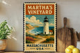 A vintage-style metal sign for Martha's Vineyard, Massachusetts, USA, featuring a lighthouse and a coastal landscape.