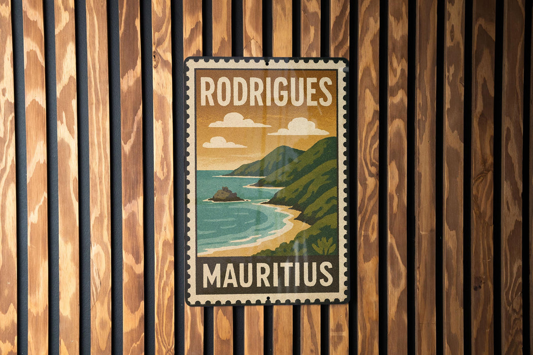 A vintage-style poster of Mauritius, a country in the Indian Ocean, is displayed on a wooden wall.