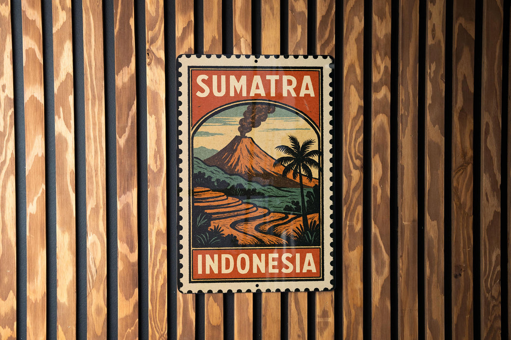 a vintage-style metal sign with the text "SUMATRA INDONESIA" displayed prominently.
