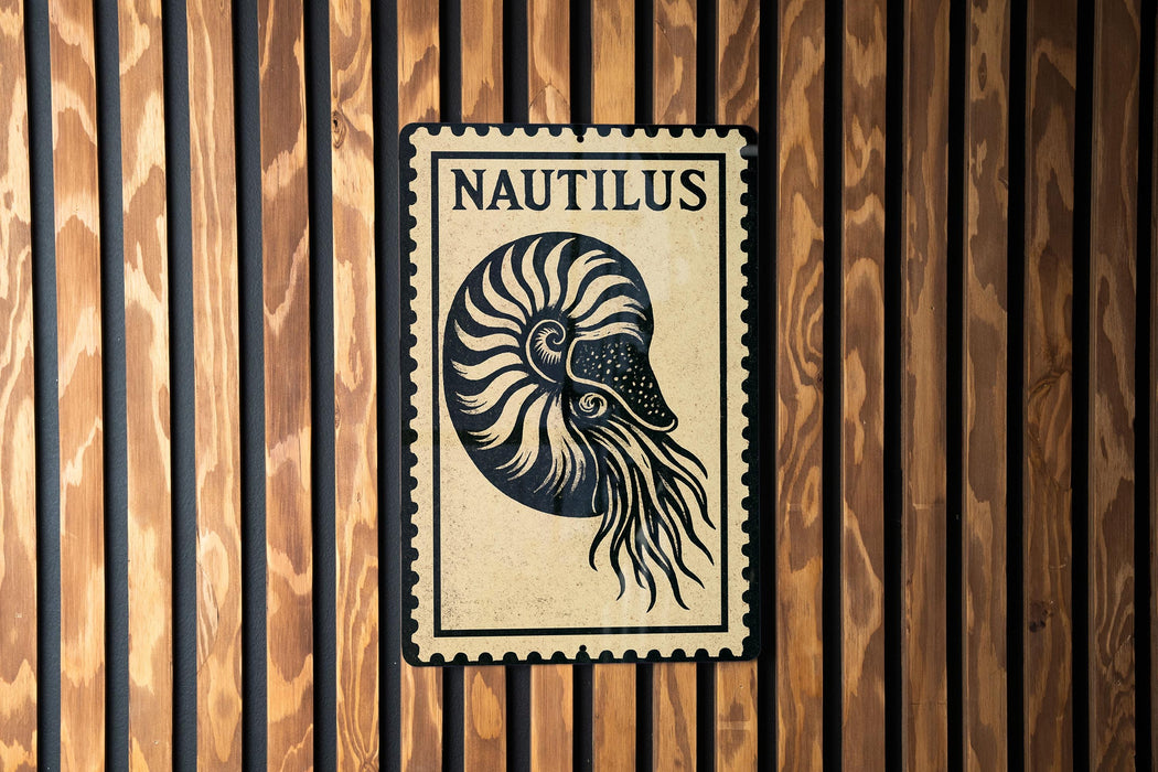 a nautilus shell on a wooden wall.