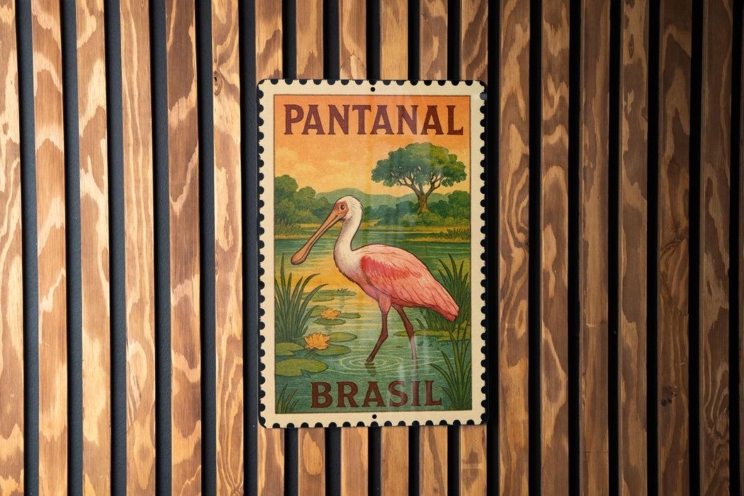 A vintage postage stamp from Pantanal, Brazil, featuring a pink flamingo standing in a pond surrounded by lush vegetation.