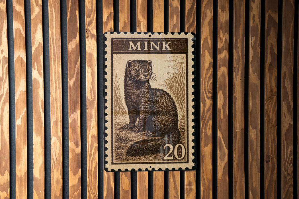 A metal stamp featuring a wooded animal, likely a mink, with the denomination of 20.
