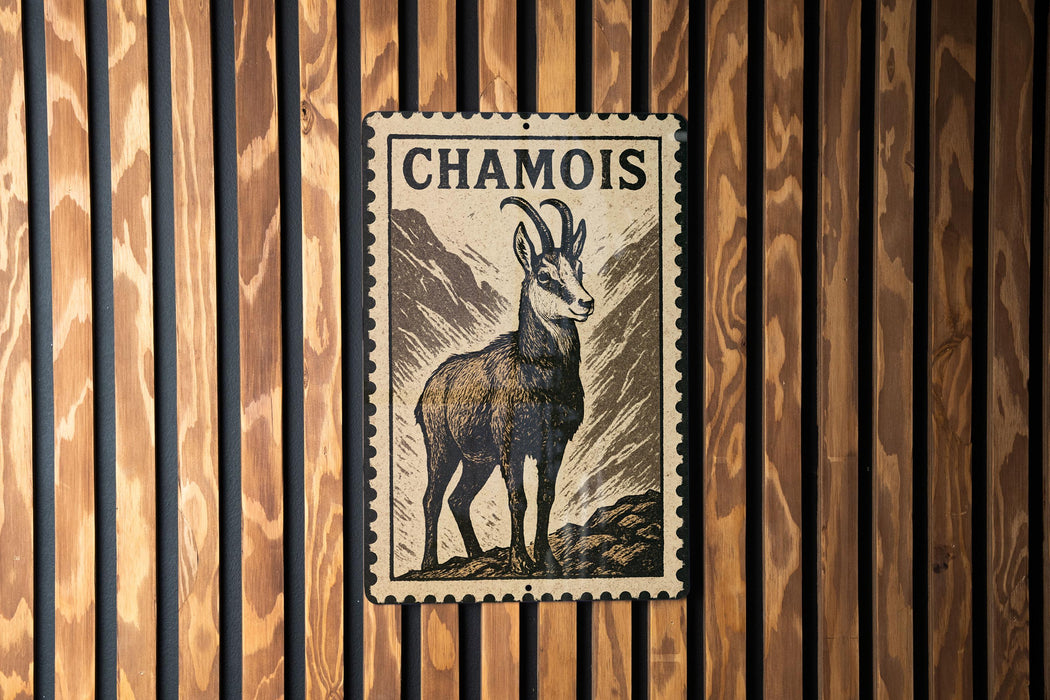 a metal stamp with a depiction of a mountain goat, mounted on a wooden wall.
