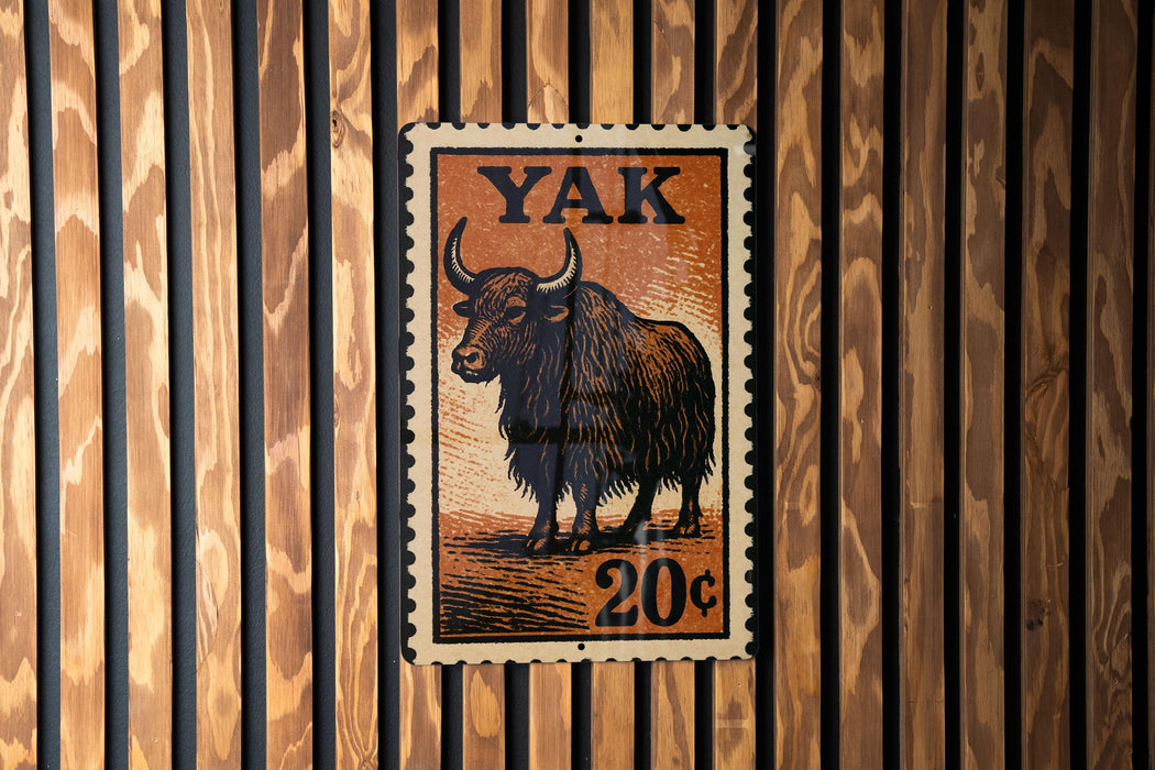 A yak stamp with the text "Yak" and "20¢" is displayed on a wooden wall.