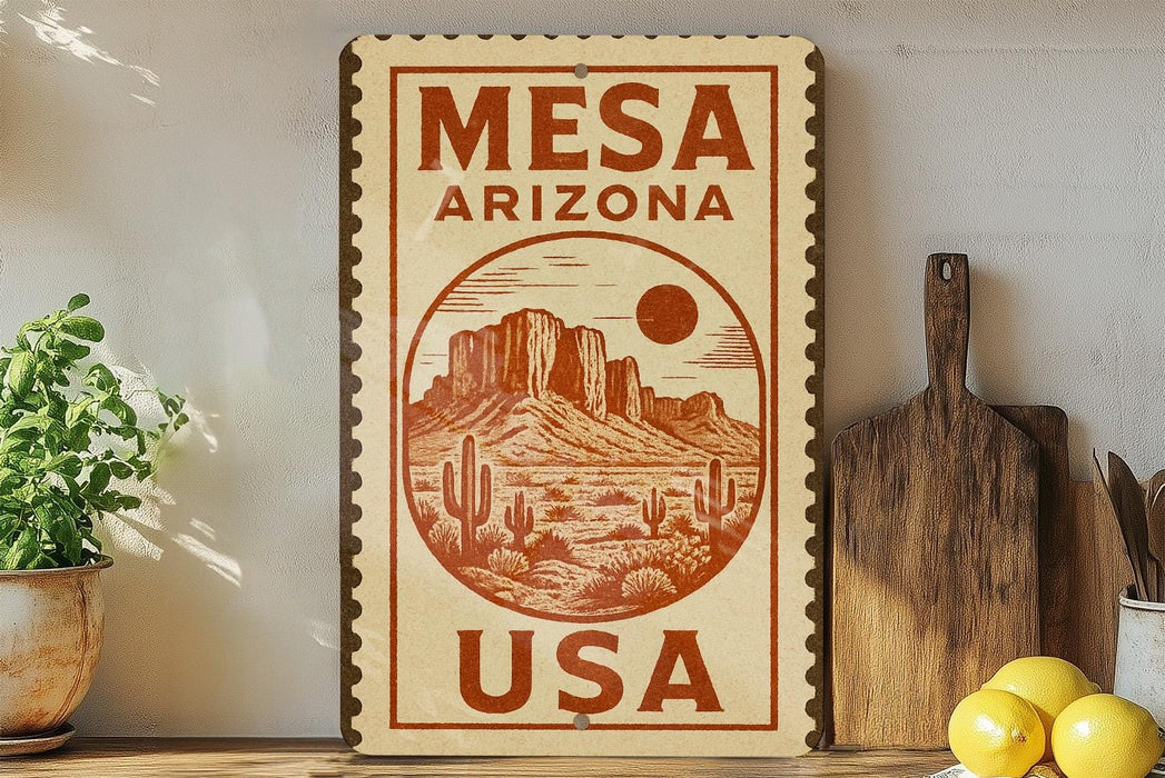 a vintage-style sign for MESA ARIZONA USA, with a desert landscape illustration and the text "MESA ARIZONA USA" prominently displayed.