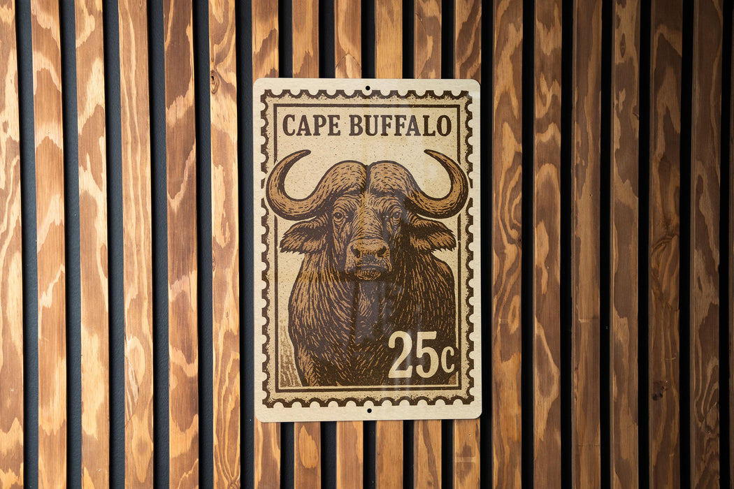A metal sign with a picture of a buffalo and the text "CAPE BUFFO" is displayed on a wooden wall.