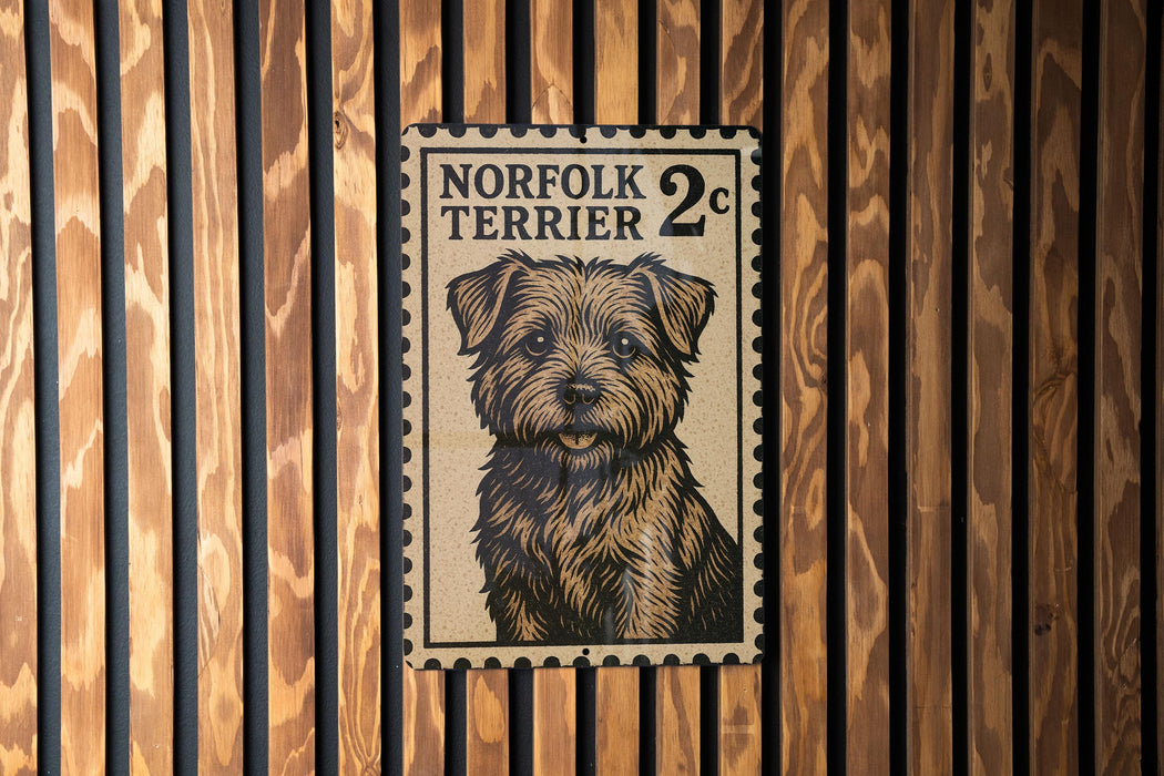 A postage stamp featuring a portrait of a small, shaggy dog with a brown and black color scheme.