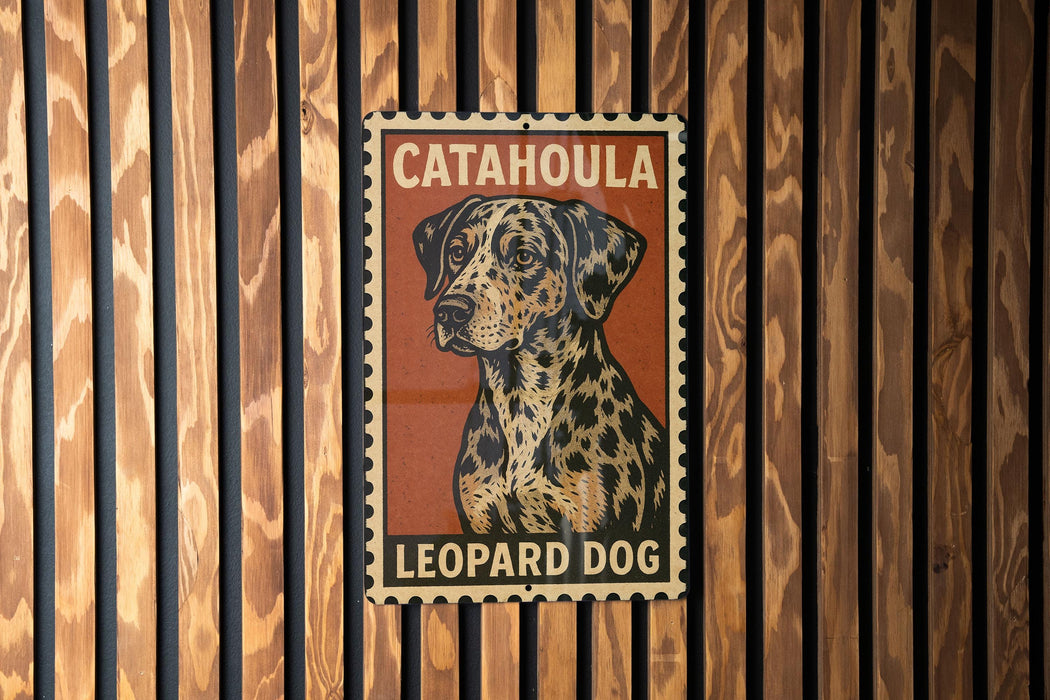 A poster of a leopard dog is displayed on a wooden wall.