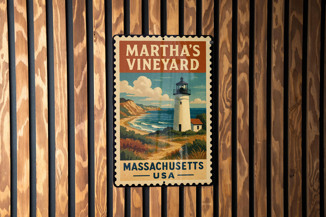 A vintage-style metal sign with a lighthouse and coastal landscape, mounted on a wooden wall.