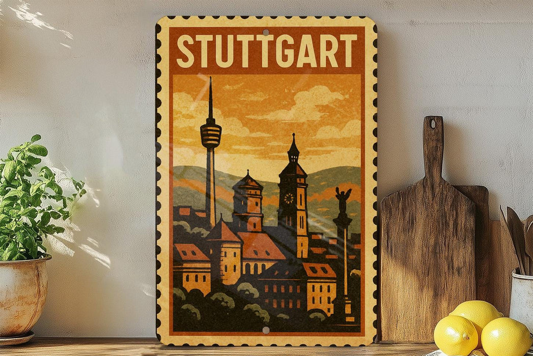 A vintage-style metal sign with the text "STUTTGART" displayed prominently, featuring a cityscape illustration with a tower and other architectural elements. The sign is placed on a wooden surface, with a potted plant, a wooden cutting board, and some lemons nearby.