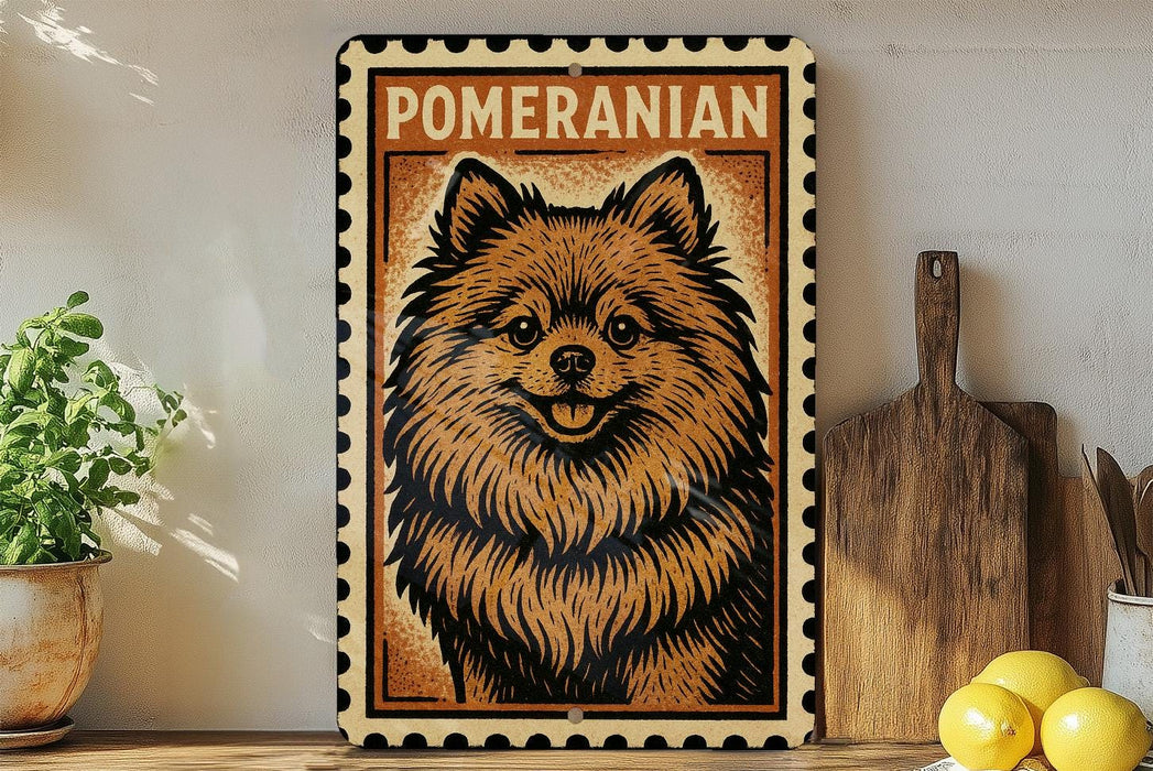 A framed illustration of a Pomeranian dog is displayed on a shelf, accompanied by a wooden cutting board and a potted plant.