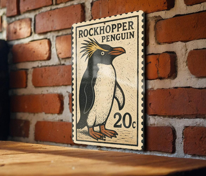 A vintage-style stamp featuring a penguin on a brick wall.