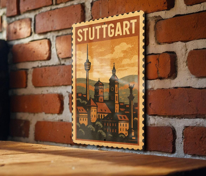 A vintage-style poster of Stuttgart, Germany, featuring a cityscape with a tower and other architectural elements, is displayed on a brick wall.