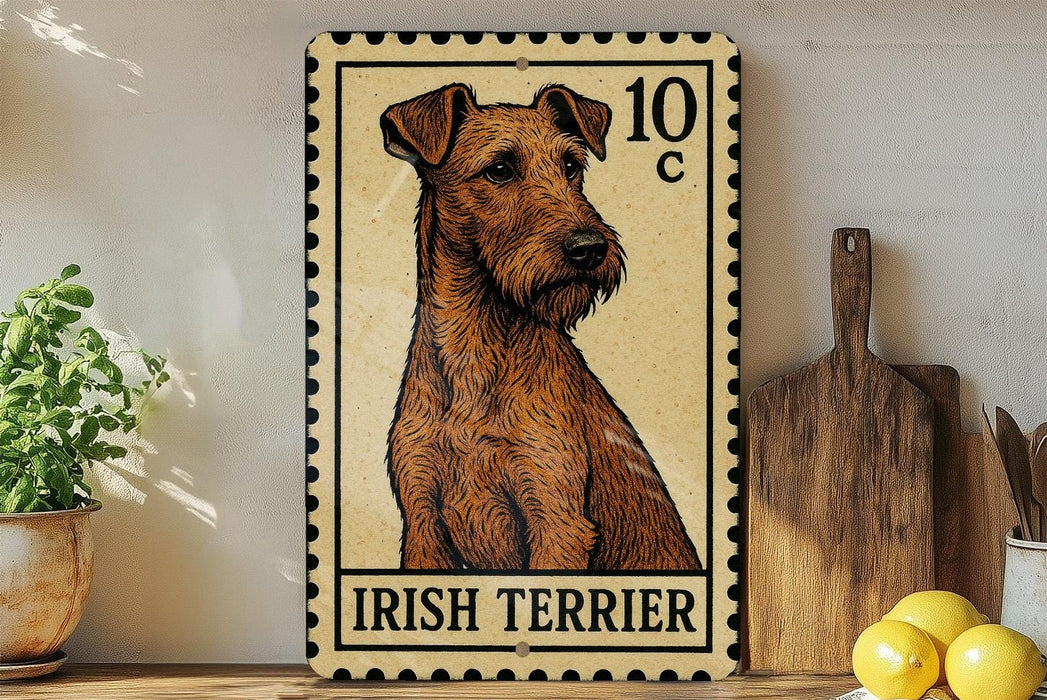 a framed illustration of an Irish Terrier dog, with a stamp-like border and text that reads "Irish Terrier".