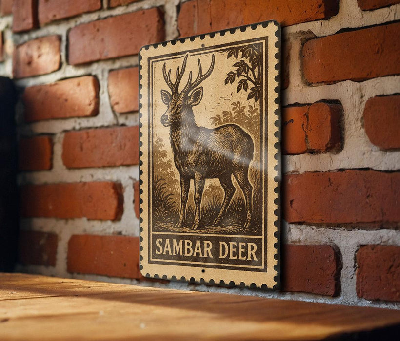a wooden plaque with a detailed illustration of a Sambar deer, mounted on a brick wall.