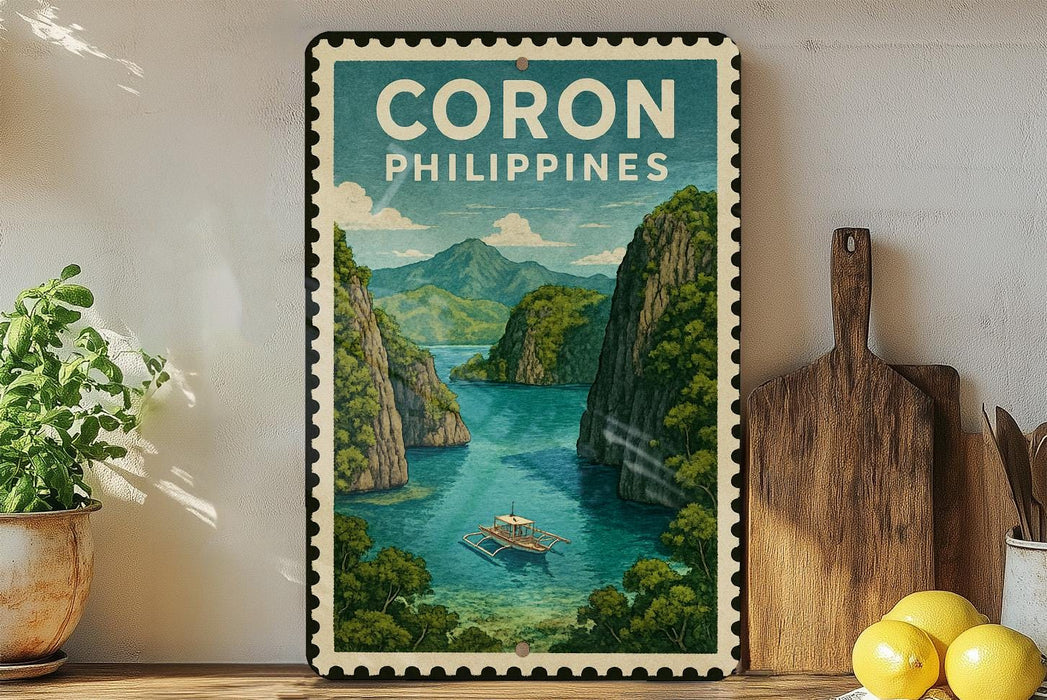 A framed poster of a tropical island landscape with a boat in the water, surrounded by lush greenery and mountains, is displayed on a wall next to a wooden cutting board and a potted plant.