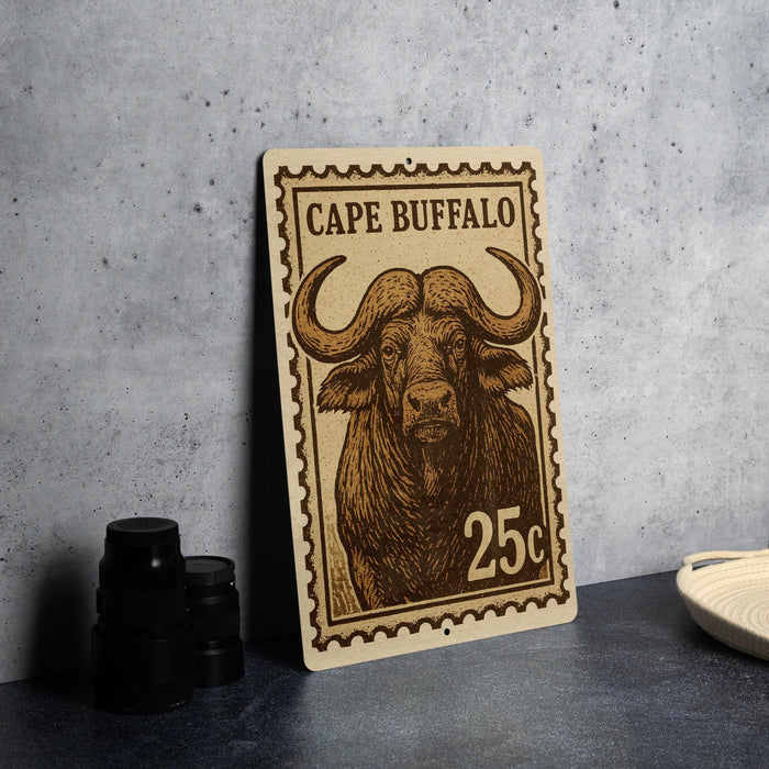 A metal sign with a stamp design featuring a large horned animal, likely a buffalo, and the text "CAPE B Buffalo" printed on it.