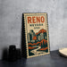 A metal sign with the text "Reno, Nevada, USA" and an illustration of the cityscape of Reno, Nevada, is displayed on a table.