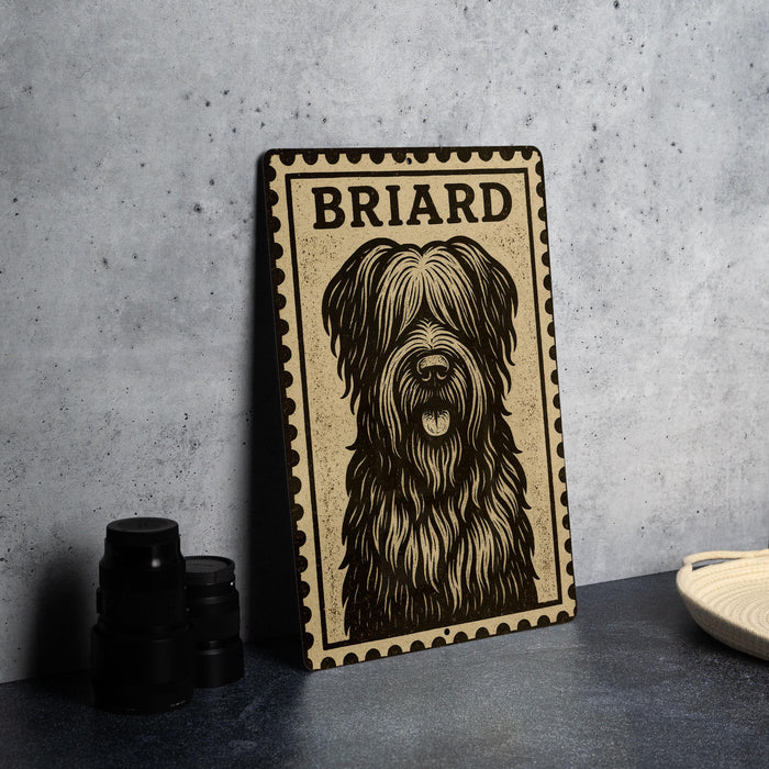 A metal sign with a black and white illustration of a dog's face, labeled "BRIARD", is displayed on a gray countertop next to some black camera lenses.