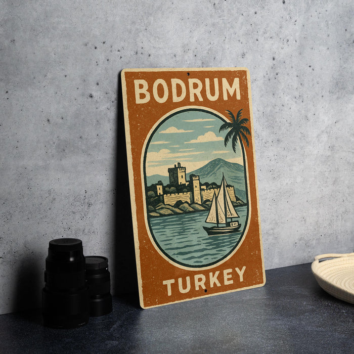 A vintage-style sign for Bodrum, Turkey, featuring a castle, palm trees, and a sailboat, is displayed on a table.