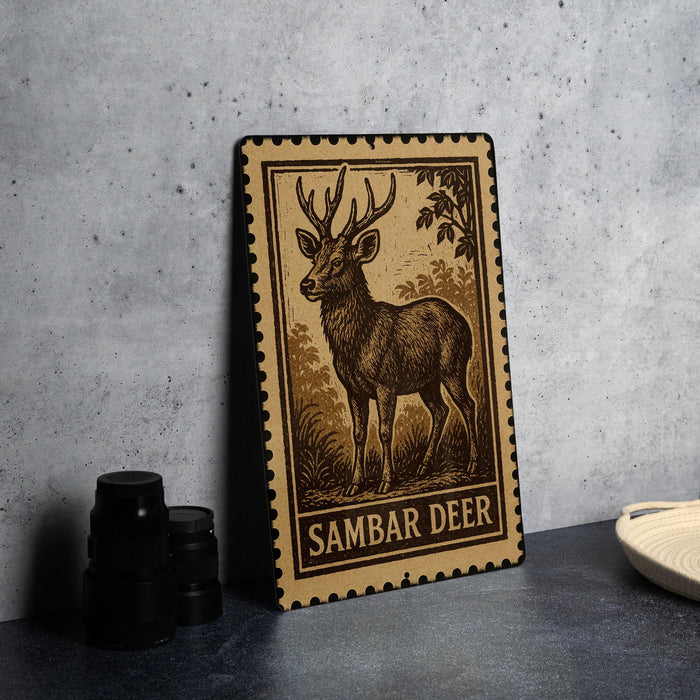 A wooden frame with a detailed engraved image of a Sambar deer, which is a type of deer native to the Indian subcontinent. The frame is placed on a gray surface, and there are some black objects, such as a stack of black camera lenses, to the left of the frame.