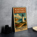 A vintage-style metal sign with a lighthouse and coastal landscape, featuring the text "MARTHA'S VINEYARD" and "MASSACHUSETTS USA".