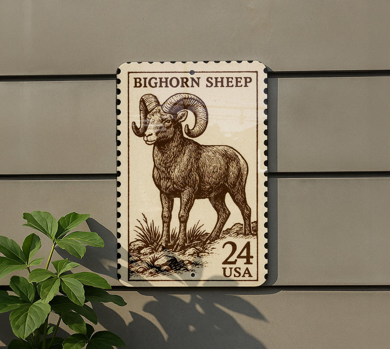 a large stamp-like sign with a detailed illustration of a bighorn sheep, mounted on a wall.