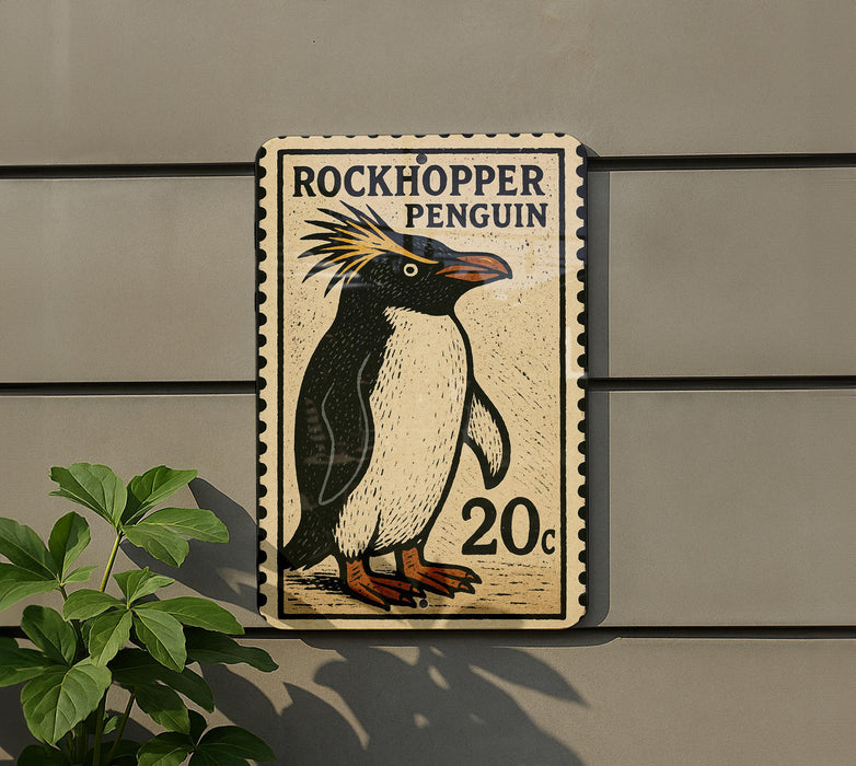 A postage stamp featuring a penguin is displayed on a wall, with a plant visible to the left.