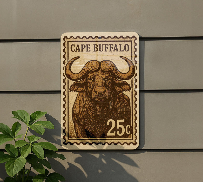 A 25c postage stamp featuring a buffalo illustration is mounted on a wall.