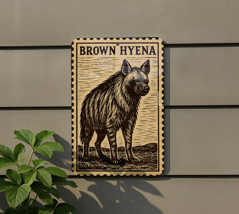 a wooden sign with a hyena illustration, mounted on a wall next to a plant.