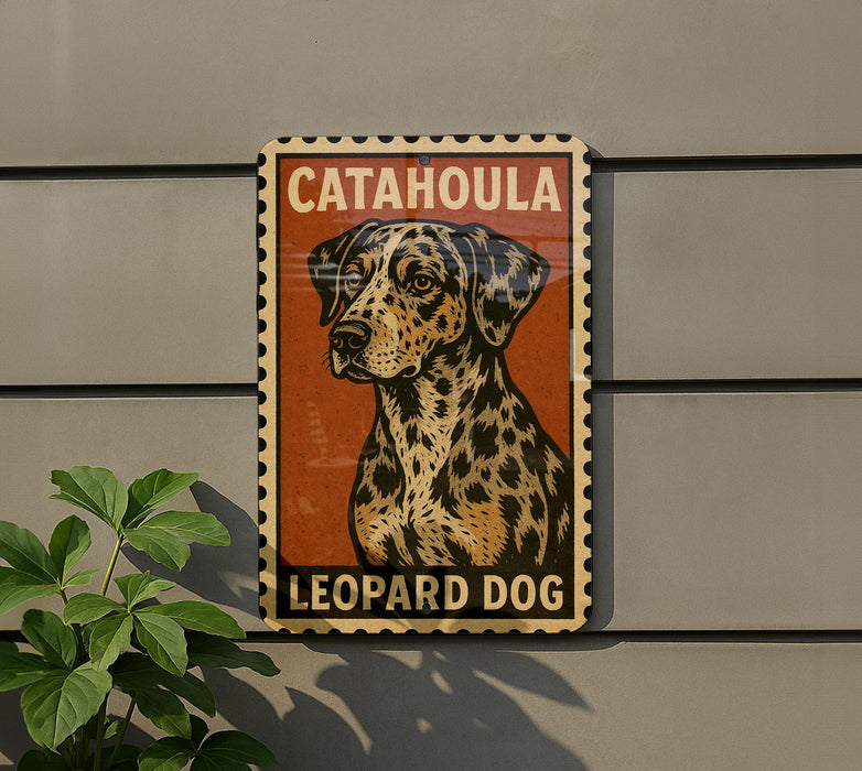 A sign featuring a leopard dog, with the text "CATAHOULA LEOPARD DOG" prominently displayed.