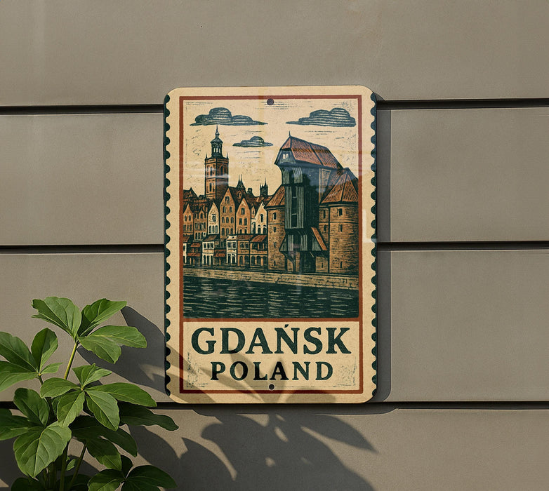 A sign with a picture of a town and the text "Gdansk Poland" is displayed on a wall, with a plant to the left of the sign.