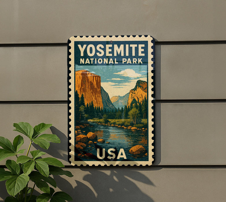 A vintage-style postage stamp featuring a scenic landscape of Yosemite National Park in the United States.