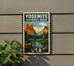 A vintage-style postage stamp featuring a scenic landscape of Yosemite National Park in the United States.