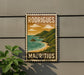 A vintage-style sign for Mauritius, featuring a tropical landscape with mountains, a beach, and a blue ocean.