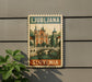 A vintage-style stamp or sign with the text "LJUBLJANA SLOVENIA" and an illustration of a cityscape with a bridge.