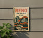 A vintage-style sign for Reno, Nevada, USA, featuring a cityscape with mountains in the background.