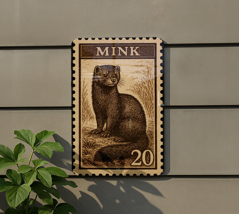 A postage stamp featuring a brown mink sitting on the ground, with the number 20 visible below the image.