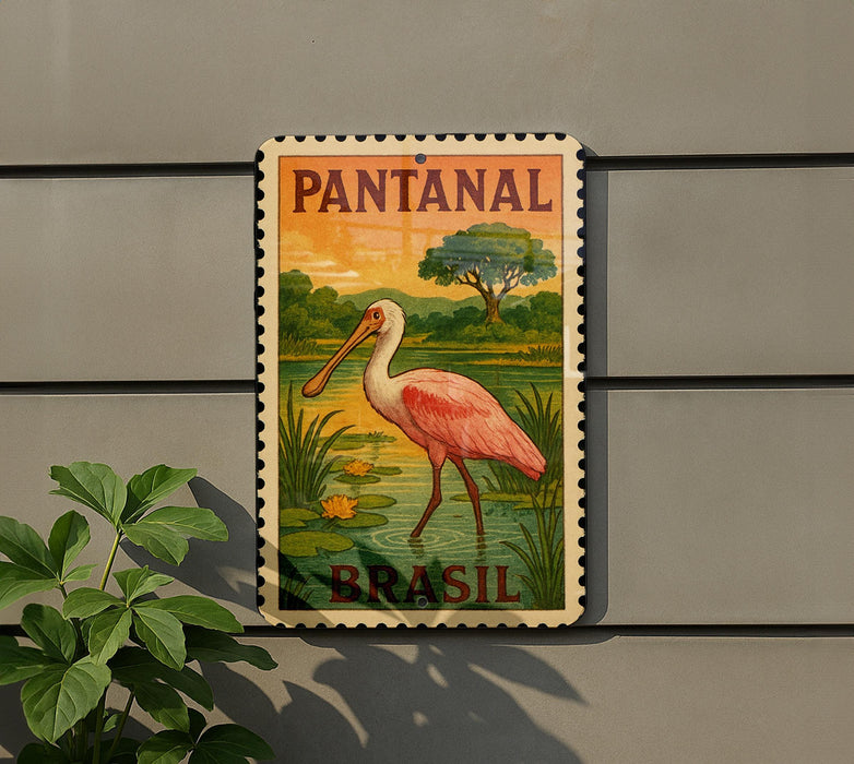 A vintage-style sign depicting a pink flamingo standing in a pond, with the text "PANTANAL BRASIL" on it.