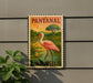 A vintage-style sign depicting a pink flamingo standing in a pond, with the text "PANTANAL BRASIL" on it.