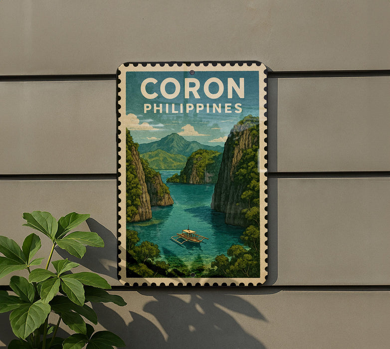 A framed poster of a scenic view of Coron, Philippines, with a boat in the water and lush green mountains in the background.