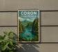 A framed poster of a scenic view of Coron, Philippines, with a boat in the water and lush green mountains in the background.